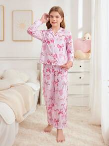 SHEIN Tween Girl Elegant Bow Decor Collar Long Sleeve Pants Soft Comfortable Loose Casual Pajama Set, Sibling Outfits (2 Sets Sold Separately)