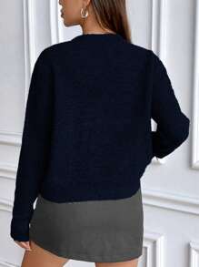 SHEIN PariChic Relaxed Solid Color Crew Neck Knit Long Sleeve Sweater Knit Pullover Fall Winter - Navy Blue - View 2