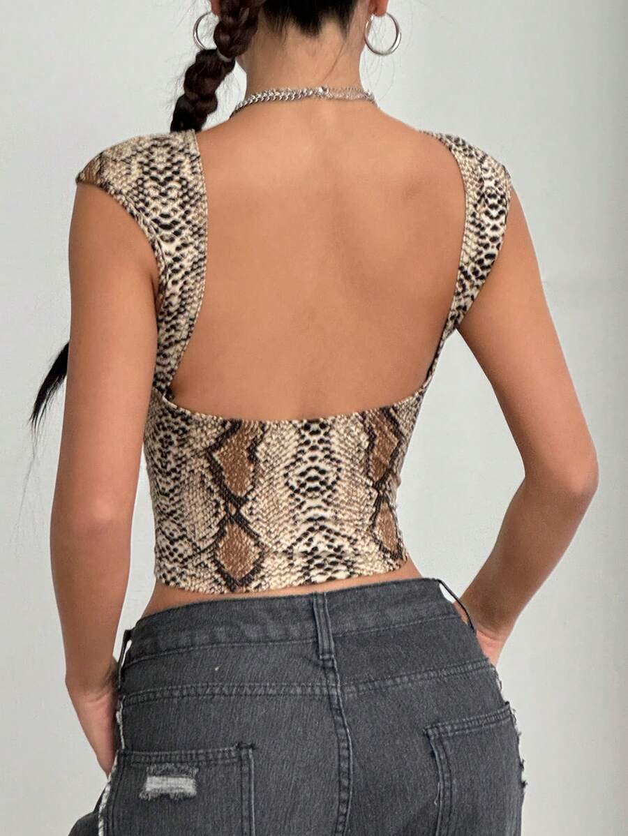 StreetHx 蛇皮印花露背圆领短袖短款休闲街头风格女士 T 恤，春秋季图案 T 恤女式上衣 - 彩色 - 查看 1