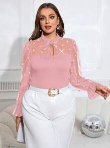 SHEIN Clasi Plus Size Women's Elegant Faux Pearl Decor Mesh Flounced Tie-Neck Blouse - Pink - View 6