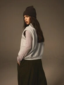 Athîral 女士字母与花卉印花单排扣休闲连帽背心，秋季 - 杏色 - 查看 4