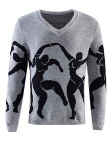 Manfinity Homme Men's V-Neck Long Sleeve Casual Graphic Knitted Sweater, Autumn/Winter - Grey - View 1