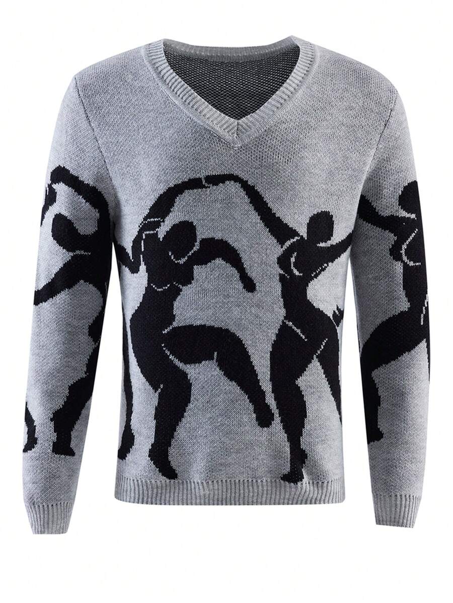 Manfinity Homme Men's V-Neck Long Sleeve Casual Graphic Knitted Sweater, Autumn/Winter - Grey - View 1