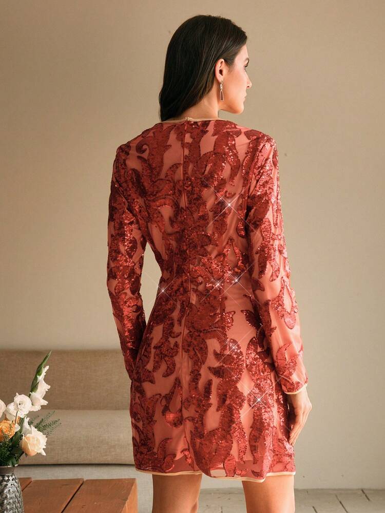 Women Floral Patchwork Sequin Mesh Round Neck Long Sleeve Elegant Dress For New Year Holiday Party Clothes