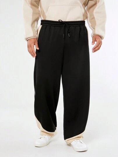 Manfinity VCAY Plus Size Men's Loose Fit Black & Khaki Knitted Long Jogger Pants, Autumn/Winter