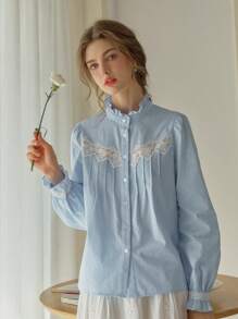 Simple Retro 女装春夏休闲小立领蕾丝撞色拼接蓝色优雅复古优雅情人节长袖衬衫 - 藍色 - 查看 3