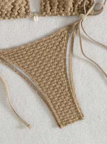 SHEIN Swim Bộ Bikini Cúp Tam Giác Họa Tiết Màu Trơn Đi Biển Mùa Hè Với Chi Tiết Thắt Nút Phía Trước Và Bên Hông Bộ Phù Hợp Với Lễ Hội Âm Nhạc - Màu Khaki - Xem 4