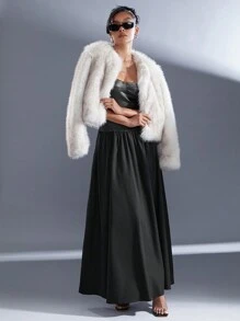 Hauture Vestido de caída de cintura de piel sintética tejida y plisada sin tirantes para otoño y Navidad - Negro - Ver 6