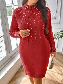 SHEIN Unity 加大码串珠装饰立领优雅长袖毛衣连衣裙新年服装冬季 - 紅色 - 查看 3