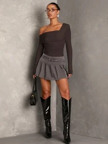 SHEIN BAE Women's Casual Versatile White Solid Asymmetric Neck Ruched Long Sleeve Bodysuit - Coffee Brown - View 6