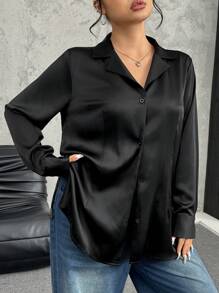 SHEIN EZwear Plus Size Solid Color Front Button Casual Versatile Long Sleeve Shirt - Black - View 1