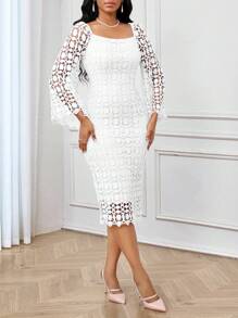 SHEIN Lady 四季秋装化妆舞会礼服优雅女士连衣裙秋季紫色连衣裙蕾丝镂空面料婚纱紫色返校节礼服演唱会女士蕾丝长袖装优雅修身喇叭长袖连衣裙秋季女装 - 白色 - 查看 8