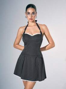 Zolique Grey Shirred Ruffle Trim Criss-Cross Halter Neck Tank Top For Women Graphic Tees Women Tops - Grey - View 4
