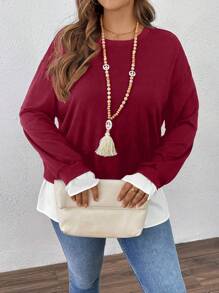 SHEIN LUNE Áo nỉ chui đầu cổ tròn rộng rãi màu đen và trắng 2 trong 1 dành cho nữ cỡ lớn cho quần áo năm mới - Đỏ - Xem 4