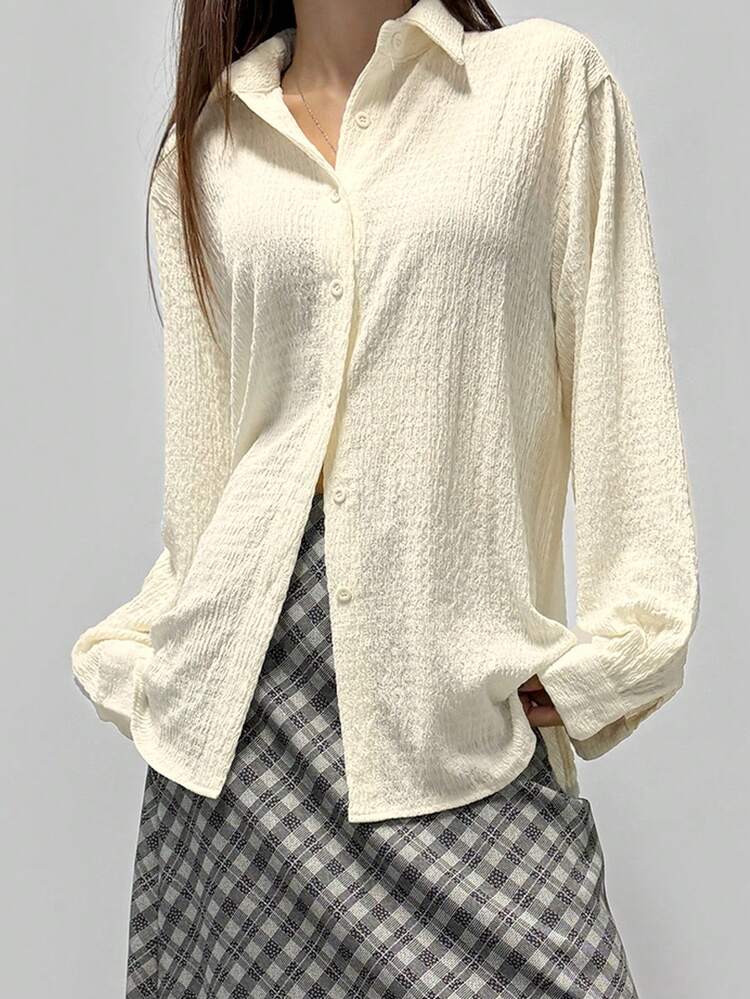 Women's Textured Solid Color Long Sleeve Shirt, Apricot Color, Spring/Summer/Autumn,Fall Women Clothes