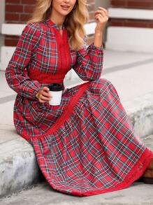 SHEIN VCAY Women Vintage Plaid Lantern Sleeve Patchwork A-Line Extra Long Casual Vacation Dress, Autumn/Winter