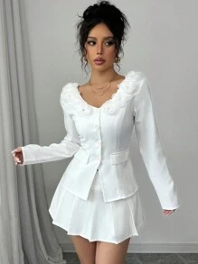 Chiquease Camisa casual elegante de manga larga con escote en V, botones frontales y aplicaciones florales para mujer - Blanco - Ver 1