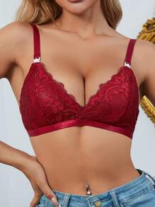 سوتيان من الدانتيل باللون الأحادي مناسب للارتداء اليومي أثناء الحمل، ملابس داخلية - عنابي اللون - مشاهدة 3