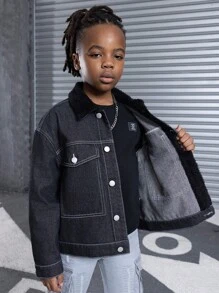 SHEIN Tween Boy Fashion Casual Black Denim Fur Collar And Pocket Design Lined For Added Warmth Lapels Long-Sleeved Jacket For Dailywear Boys Winter Jacket/Coat Costume And Fall/Winter Kids Clothes - Black - View 1