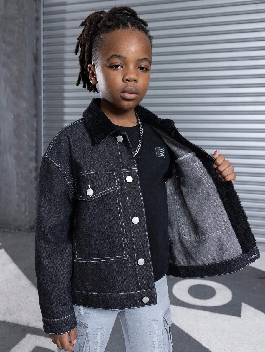 SHEIN Tween Boy Fashion Casual Black Denim Fur Collar And Pocket Design Lined For Added Warmth Lapels Long-Sleeved Jacket For Dailywear Boys Winter Jacket/Coat Costume And Fall/Winter Kids Clothes - Black - View 1