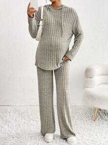 SHEIN 2pcs Maternity Casual Solid Color Dropped Shoulder Long Sleeve Hooded Sweatshirt And Pants Set, Autumn
