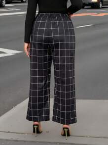 SHEIN LUNE 大码格子高腰喇叭裤，适合休闲通勤穿着，秋冬度假装 - 黑與白 - 查看 2