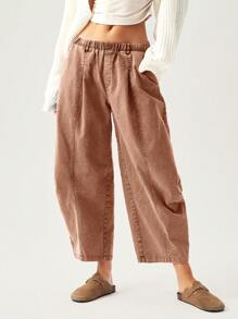 Bohemela Pantalon décontracté de vacances pour femmes de couleur unie, taille élastique, relâché, avec poches, forme lanterne - Marron - Voir 4
