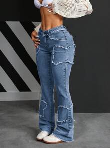 SHEIN PETITE Women's Front Button Pocket Raw Hem Casual Jeans - Dark Wash - View 4