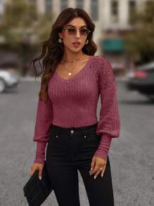 SHEIN LUNE 休闲纯色蕾丝拼布长袖 T 恤，秋季