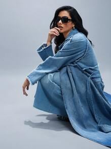 Denimoi Long Line Denim Trench Coat Stylish Simple Casual Daily