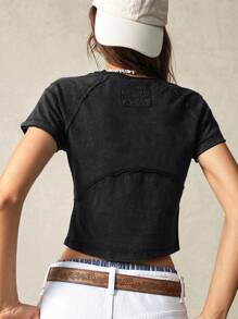 Bohemela Holiday Solid Color Knit Structual Design Round Neck Raglan Sleeve Short Sleeve Fitted Women T-Shirt
