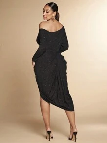 SHEIN BAE Plus Size Women's Black Autumn Elegant Formal Evening Night Out Club Shiny Off-Shoulder Long Sleeve Dress,Valentine's Day,Christmas,Slit,Beads,Party - Black - View 3