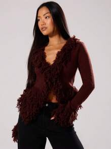 MUSERA 复古毛边针织开衫，适合春季、Y2K、90年代风格，休闲可爱，适合感恩节、新年和圣诞节穿着。 - 巧克力棕 - 查看 1