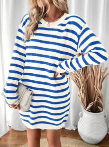 SHEIN LUNE Váy len dệt kim sọc tương phản màu sắc giản dị cho mùa thu/đông - Nhiều màu - Xem 5