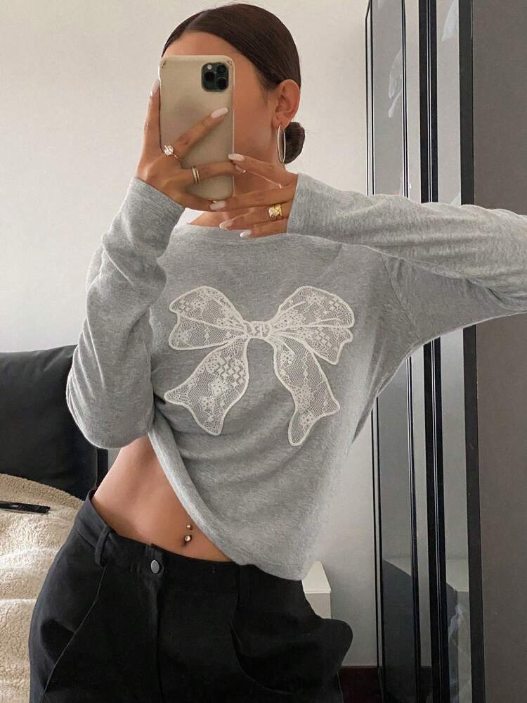 Lace Bow Decor Oversized Crew Neck Long Sleeve Women T-Shirt,Fall Clothes