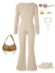 SHEIN Tween Girl 罗纹针织长袖连体裤，杏色，时尚街头风格休闲装，也适合运动和瑜伽 - 杏色 - 查看 2