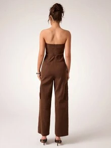 Glamine Mono de unicolor con bolsillos, diseño de parte superior sin mangas, atuendo elegante para fiestas navideñas, elegante para Año Nuevo, ropa de invierno para mujeres - Marrón - Ver 4