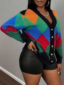 Slaydiva New Winter Contrast Color Knitted Cardigan, Casual Streetwear For Valentine's, New Year, Party, Daily Wear