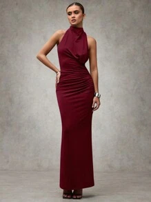 SHEIN BAE Women Clothes Dress Elegant Grey Halter Strap Off-Shoulder Fitted Long Fall Dress,Elegant Women Dresses,Fall Wedding Guest Dress,Fall Women Clothes Dress,Christmas Women Dress,Greek Goddess,Christmas Party Dress,Christmas Women Dress