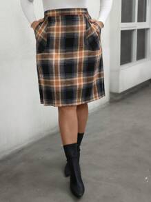 SHEIN LUNE 2024 秋冬感恩节女士新年大码格子印花A字裙 - 彩色 - 查看 3