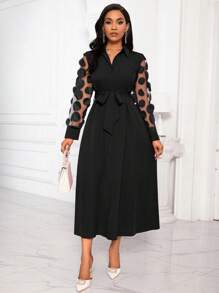 Lyxana Women's Autumn Patchwork Circular Applique Mesh Long Sleeve Single-Breasted Elegant Shirt Dress (Asymmetric Floral Print) Fall Cloth For Women