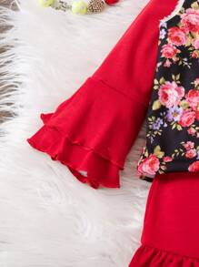 Bộ 2 chiếc/Bộ áo vest nhung in hoa cho bé gái & váy viền xếp nếp màu đỏ rượu, giản dị & thời trang, phù hợp cho mùa xuân, thu, đông - màu đen - Xem 5