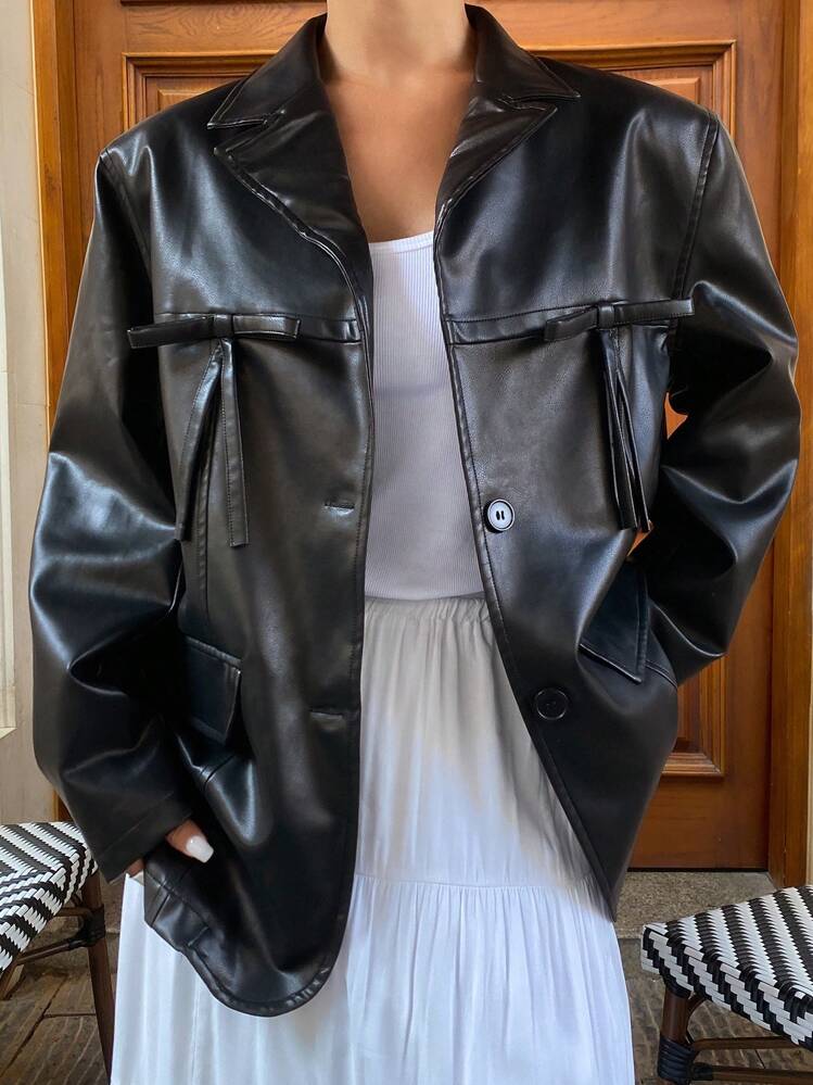 DAZY レディース PU リボン装飾ブレザージャケット、ミニマリストファッションカジュアル普段着、秋冬レディース服ビジネスウェア - ブラック - 見る 5