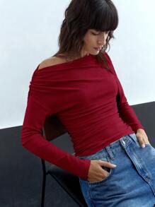 Maija Damskie Wiosna Lato Jednolity Kolor Asymetryczny Dekolt Długi Rękaw Falbana Wąska Koszulka Halter Top Asymetryczny Elegancki Top Sukienki Dla Kobiet Elegancki