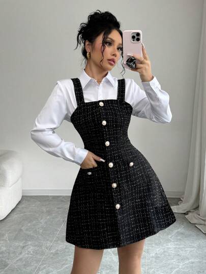 Elenzga ワイドストラップ フロントボタン ポケット チェック柄