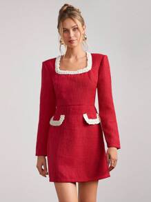 SHEIN Clasi Women's Elegant Pearl Trim Pocket Long Sleeve Tweed Mini Dress For Christmas - Red - View 6