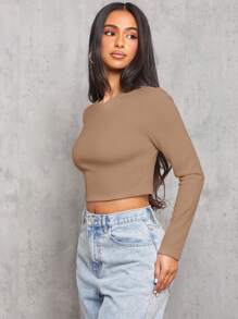 SHEIN PETITE 2 Packs Of Composite Velvet Thermal Lined Fabric Casual And Simple Round Neck Long Sleeve Tight Cropped Women's T-Shirt Suitable For Autumn And Winter