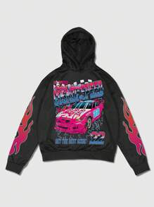 ROMWE MEN Street Life Men's Racing Letter Print Hoodie And Sweatpants Tracksuit - Black - View 3