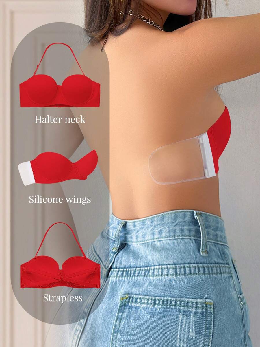 Women Lift-Up Adjustable Strapless Bra With Simple Design, Easy On/Off, Multiple Wearing Styles, Underwire - Red - View 1