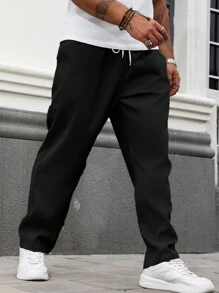 Manfinity Homme Plus Size Men's Drawstring Waist Pockets Straight Leg Loose Casual Pants, Fall - Black - View 7